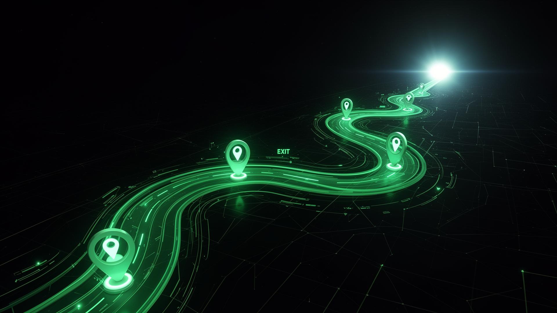 Startup journey from idea to exit visualised as a glowing sat-nav route